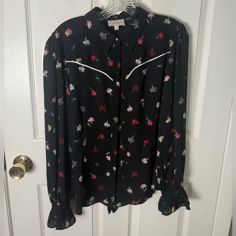 Cinq A Sept Kelela Print Tie Neck Shirt in Black Multi L - Picture 2 of 6